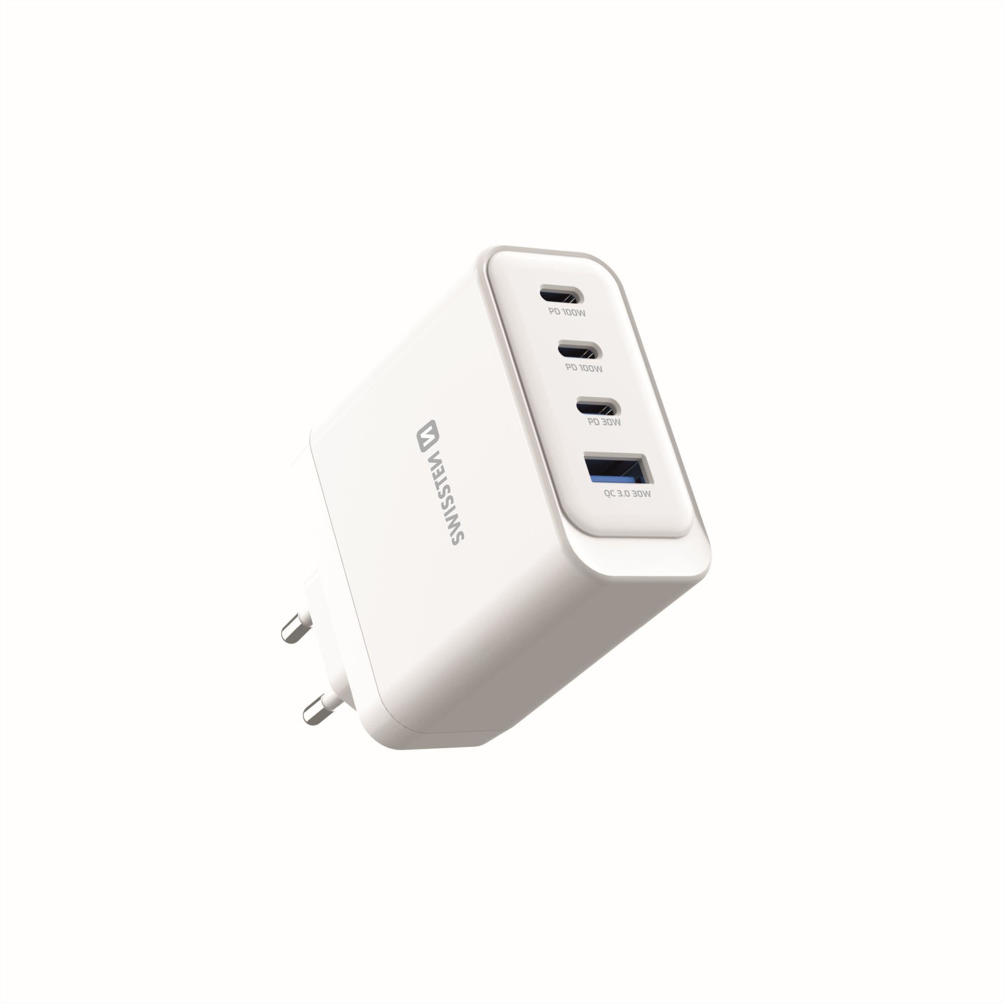 SWISSTEN GaN síťová nabíječka 2× USB-C PD 100W - USB-C PD 30W - USB-A QC 30W bílá i pro notebooky