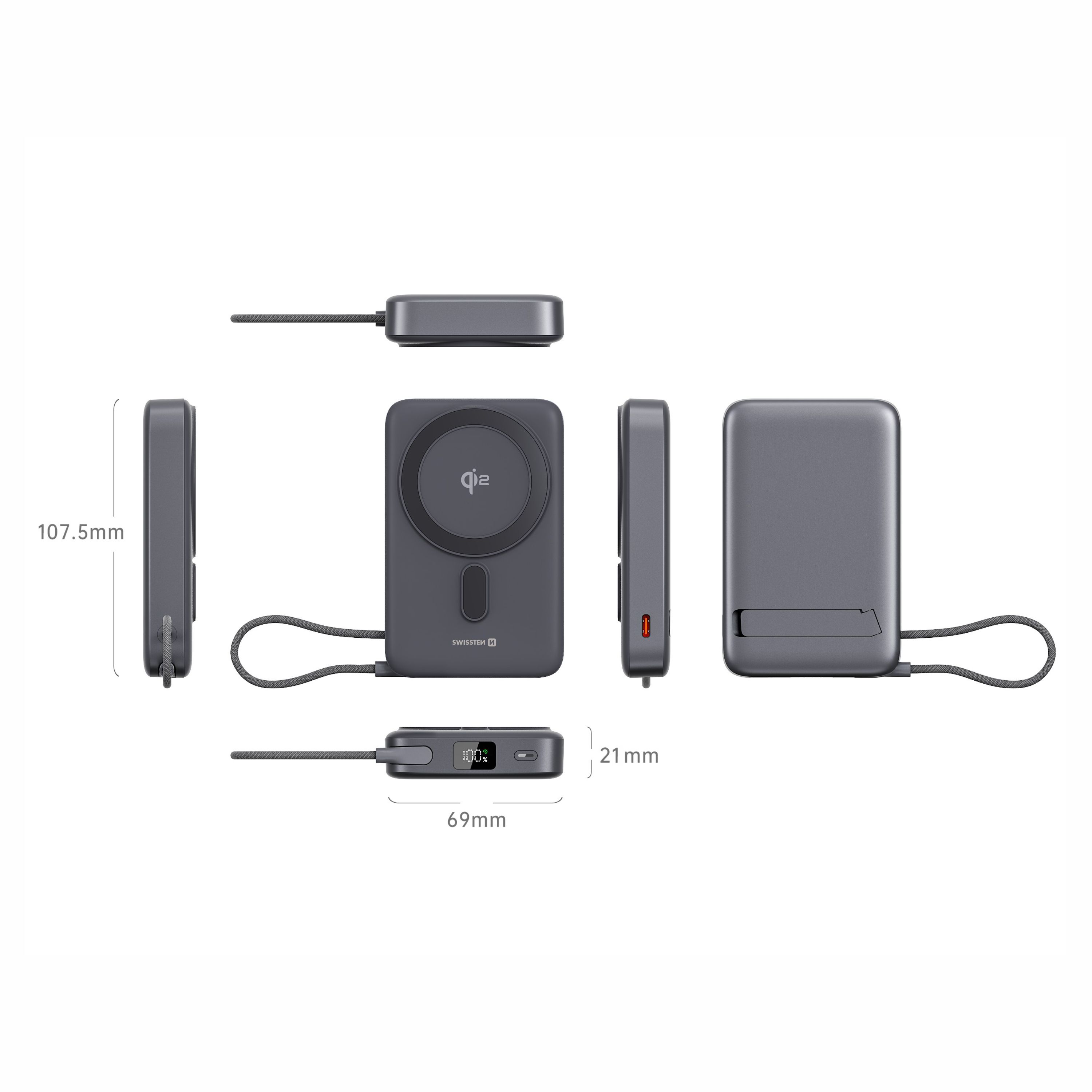 SWISSTEN Power Bank MagSafe Qi2 10000mAh 15W s vestavěným USB-C kabelem černý