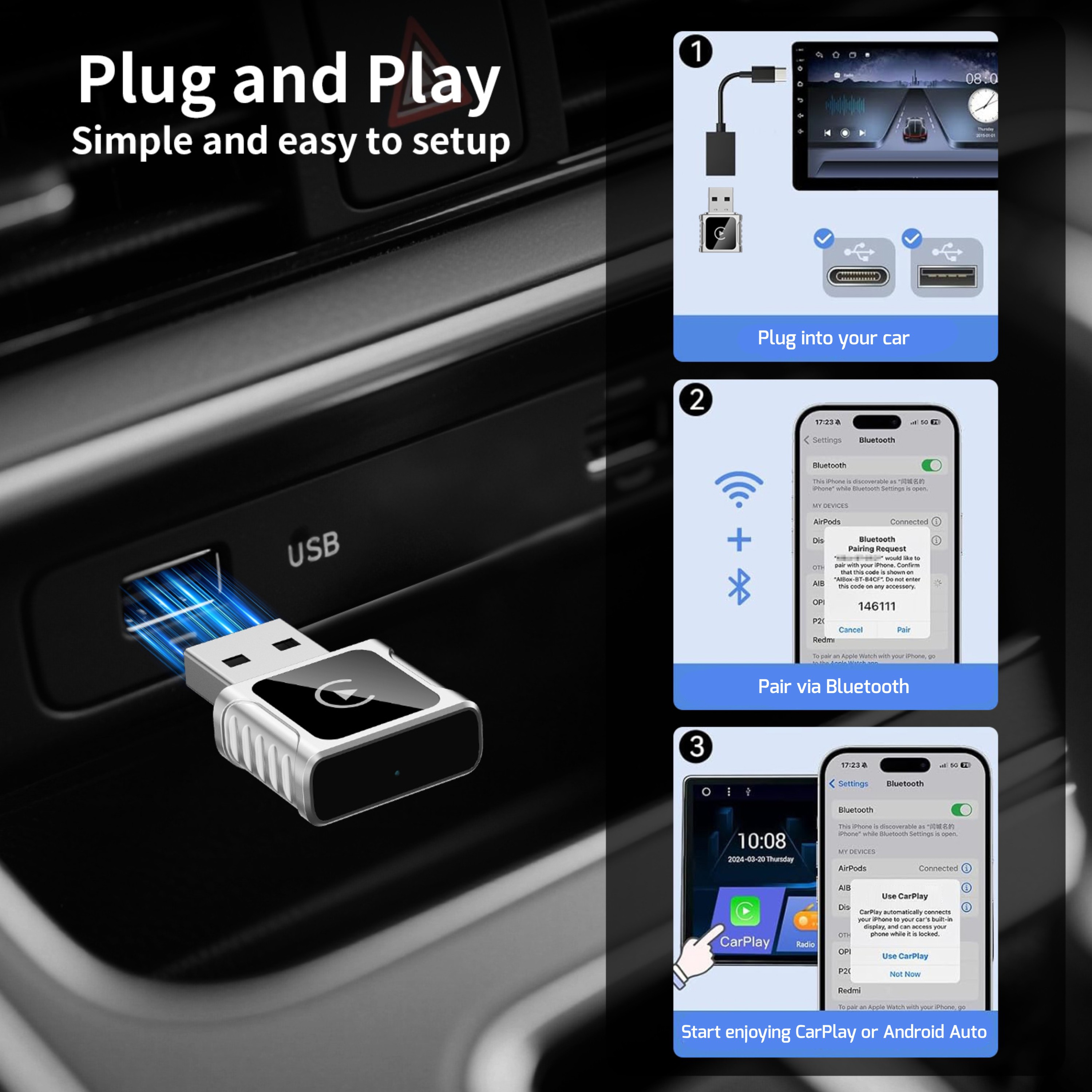 SWISSTEN CarLink adaptér pro bezdrátový Apple CarPlay a Android Auto + USB-A / USB-C adaptér