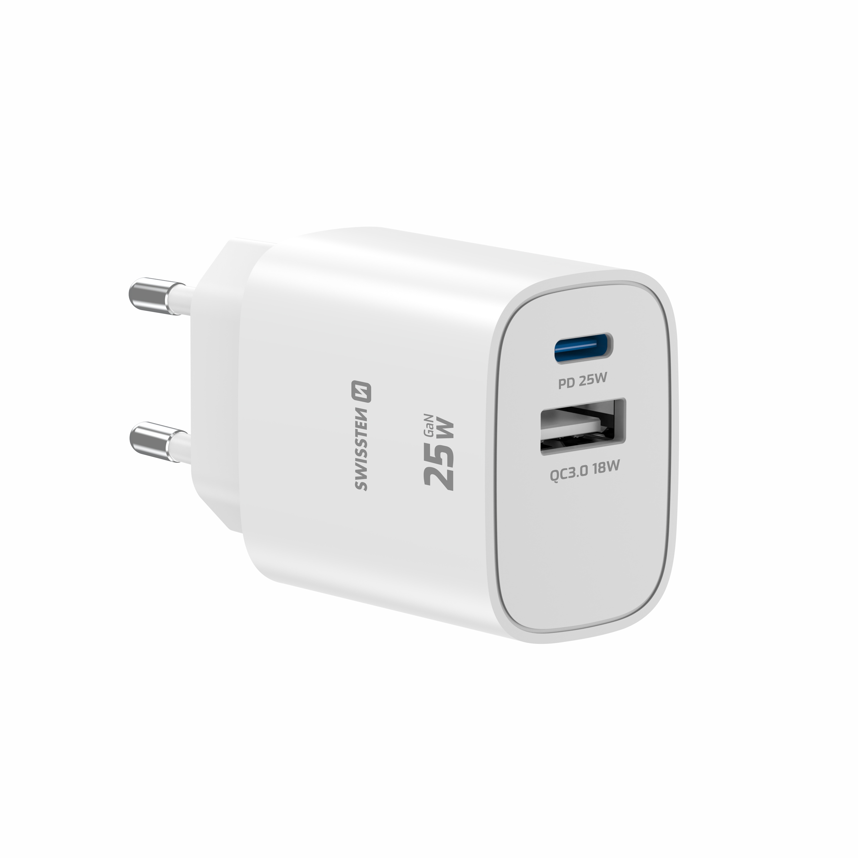 SWISSTEN GaN Síťová nabíječka USB-C 25W PD + USB-A 18W bílá