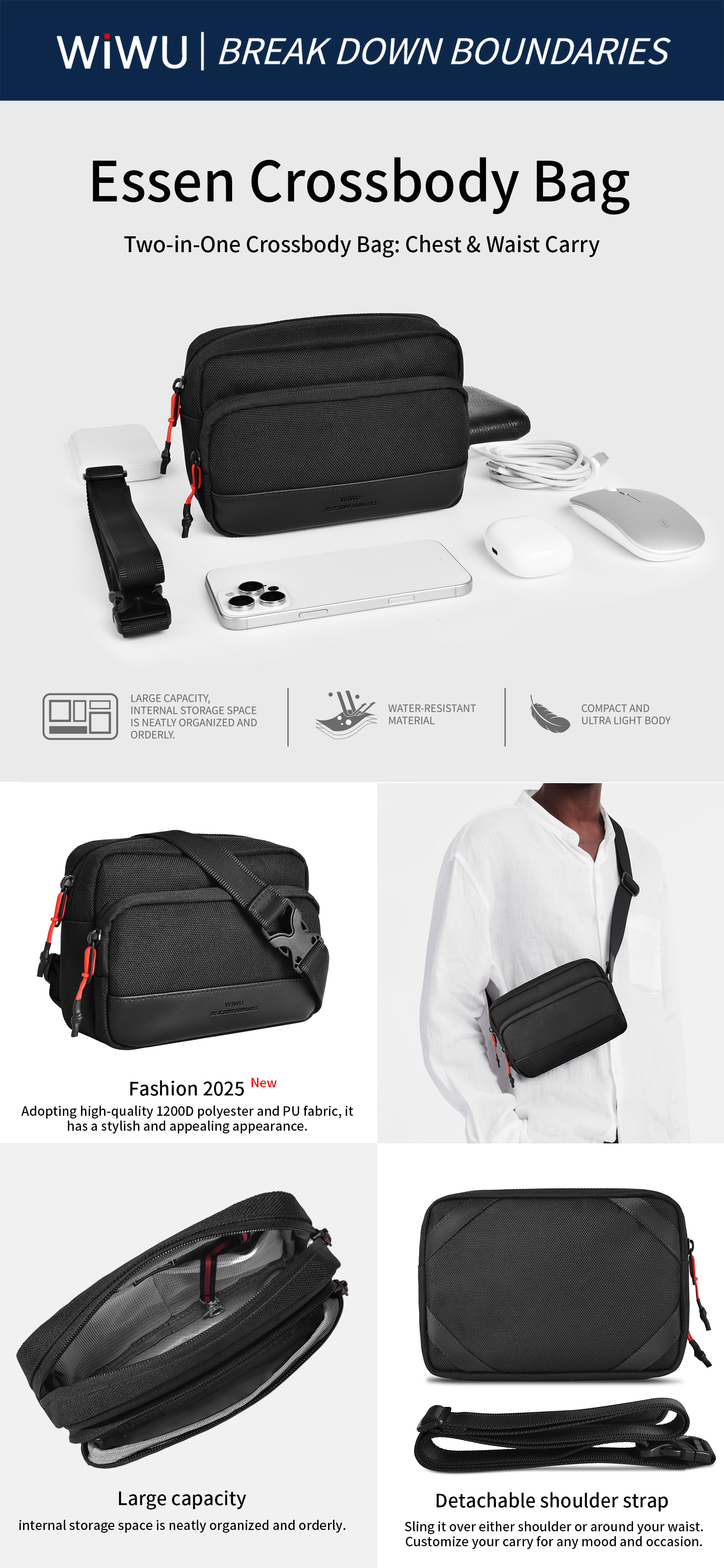 WiWU městská taška přes rameno 2v1 Essen Crossbody Bag 20x14x6cm černá