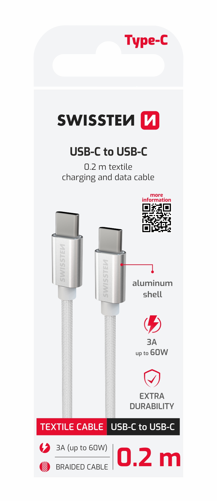SWISSTEN Textilní datový kabel USB-C / USB-C 0,2m stříbrný