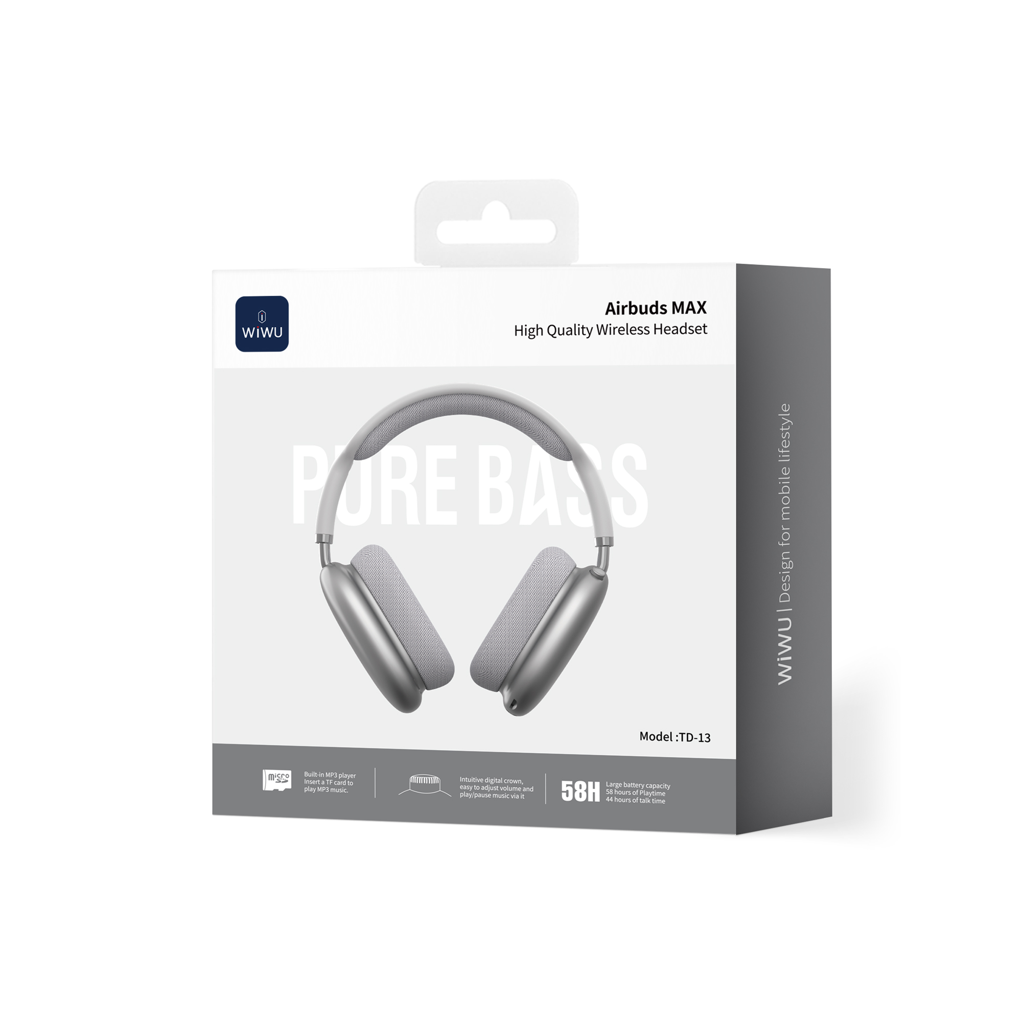 WiWU bezdrátová náhlavní sluchátka Bluetooth Airbuds MAX TD-13 stříbrná
