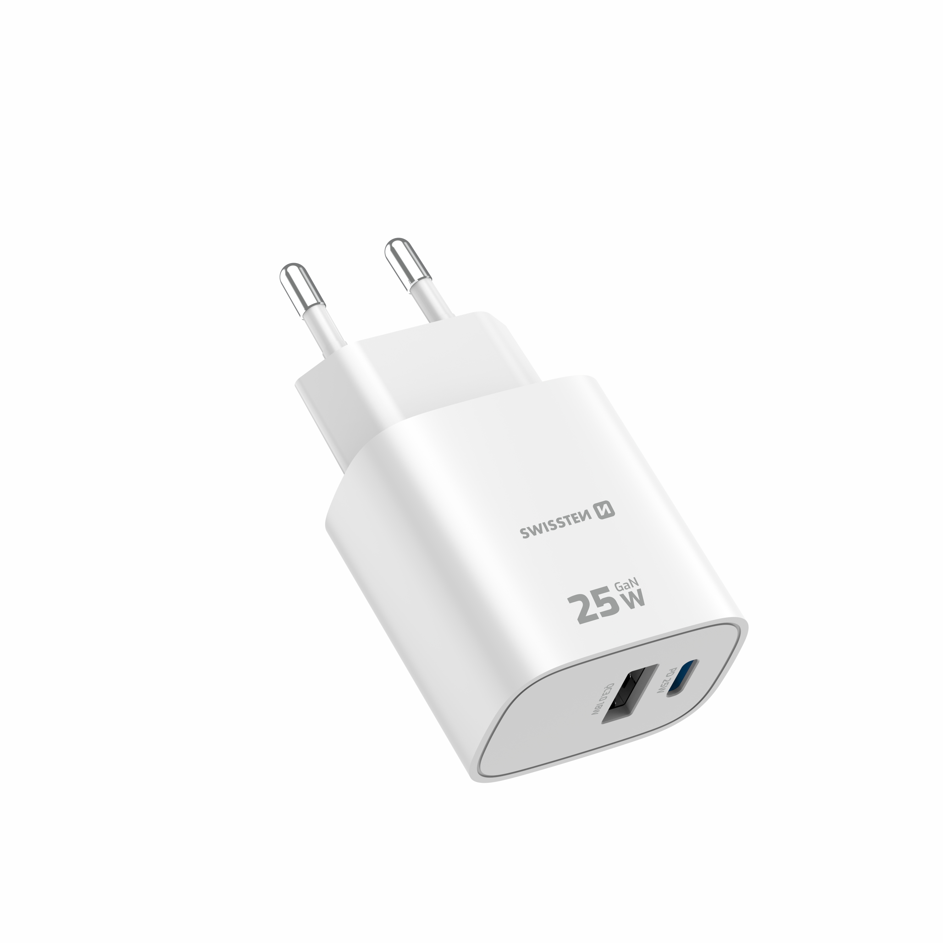 SWISSTEN GaN Síťová nabíječka USB-C 25W PD + USB-A 18W bílá