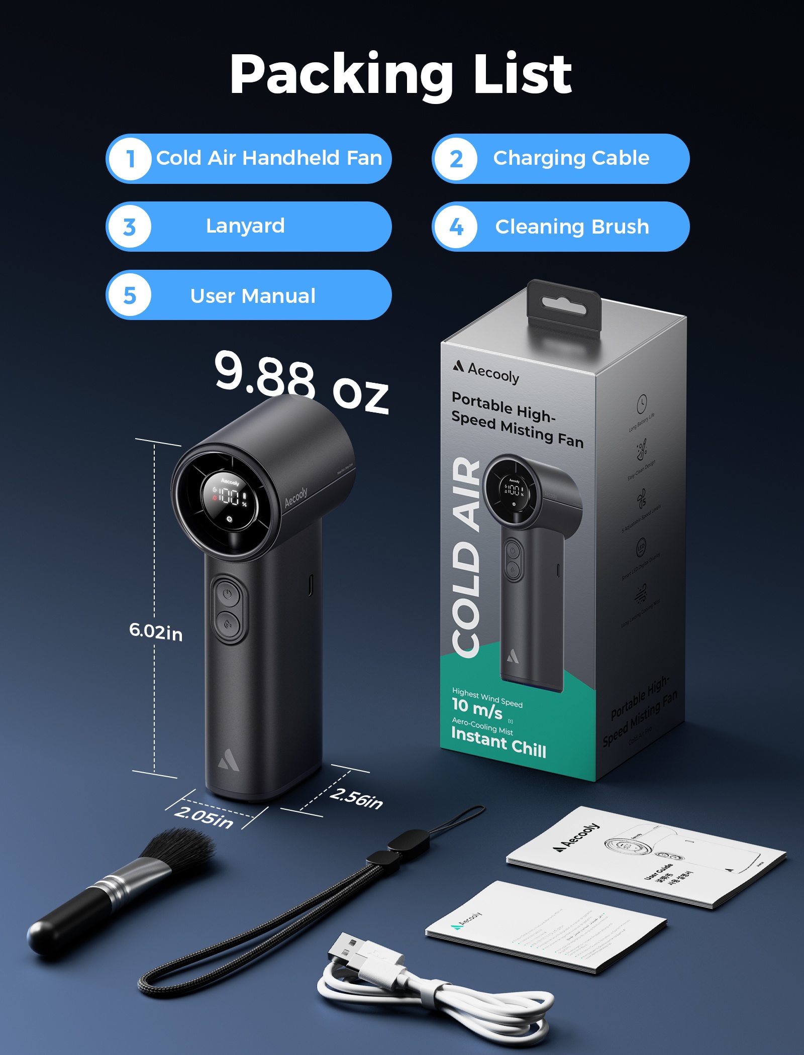 Aecooly Cold Air PM02 – Ruční ventilátor s vodní mlhou modrý