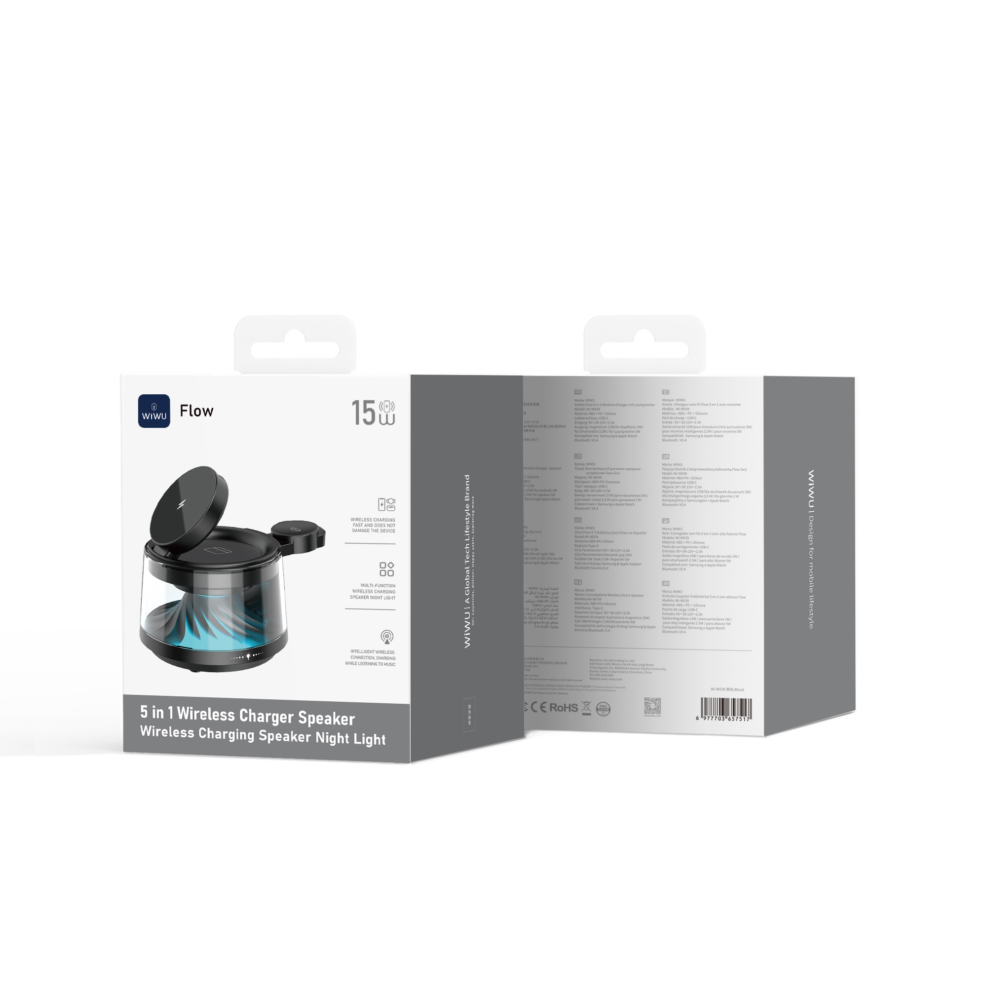 WiWU bezdrátová nabíjecí stanice 5v1 s noční lampičkou a Bluetooth reproduktorem Flow Wi-W039 černá
