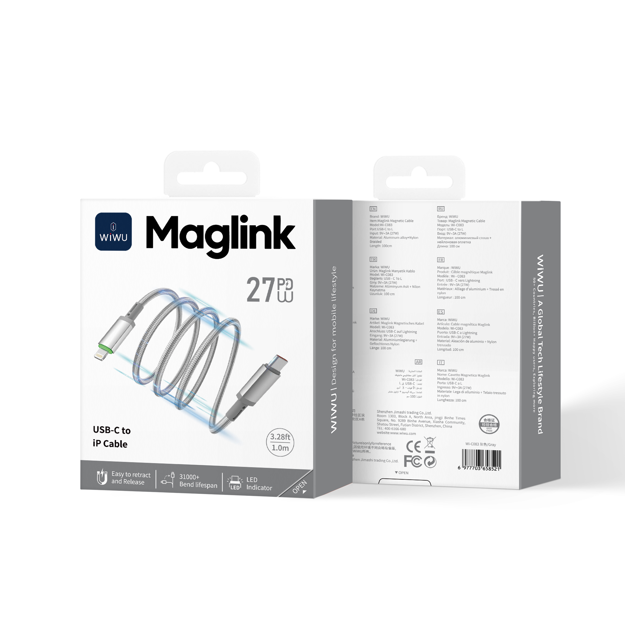 WiWU magnetický kabel USB-C / Lightning Maglink Wi-C083 27W 1m šedý