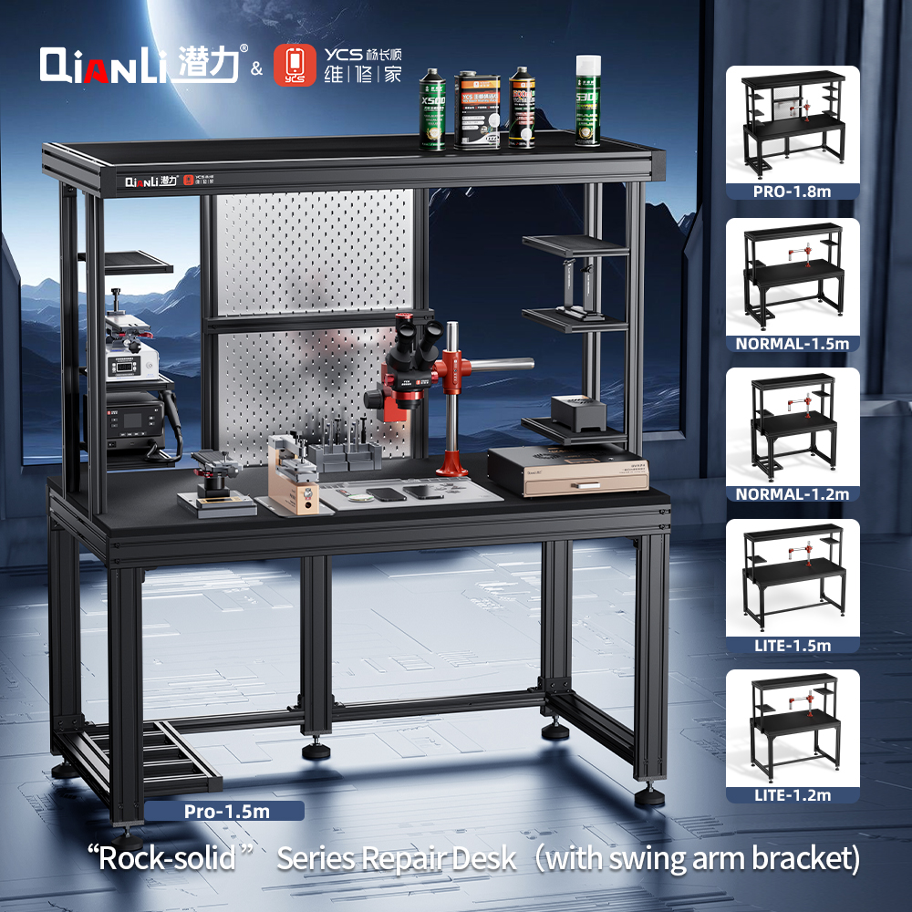 QianLi&YCS Rock-Solid Pro – hliníkový servisní stůl s LED a výsuvným ramenem 1,5m