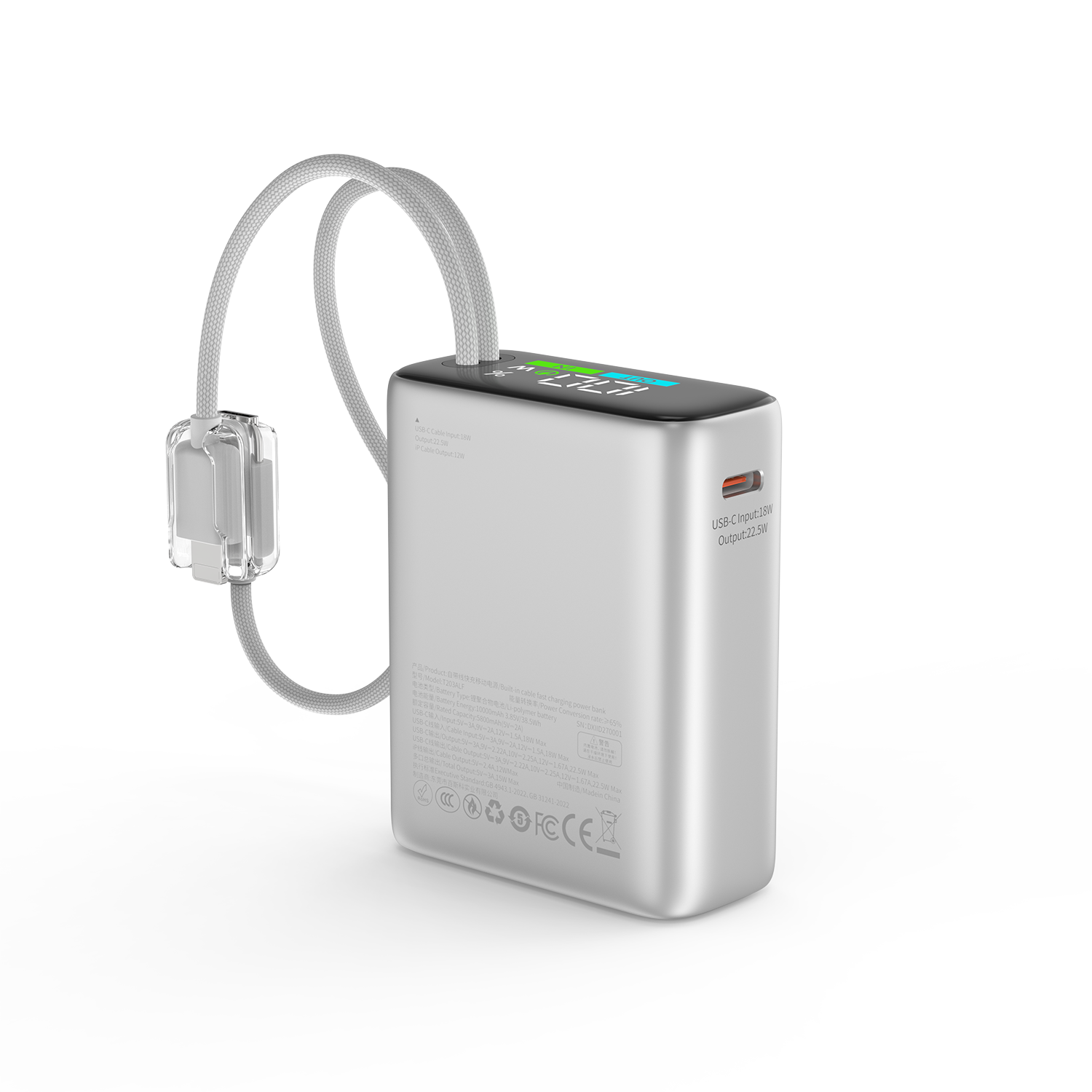 WiWU hliníková powerbanka s integrovanými kabely USB-C a Lightning T203ALF 10000mAh stříbrná