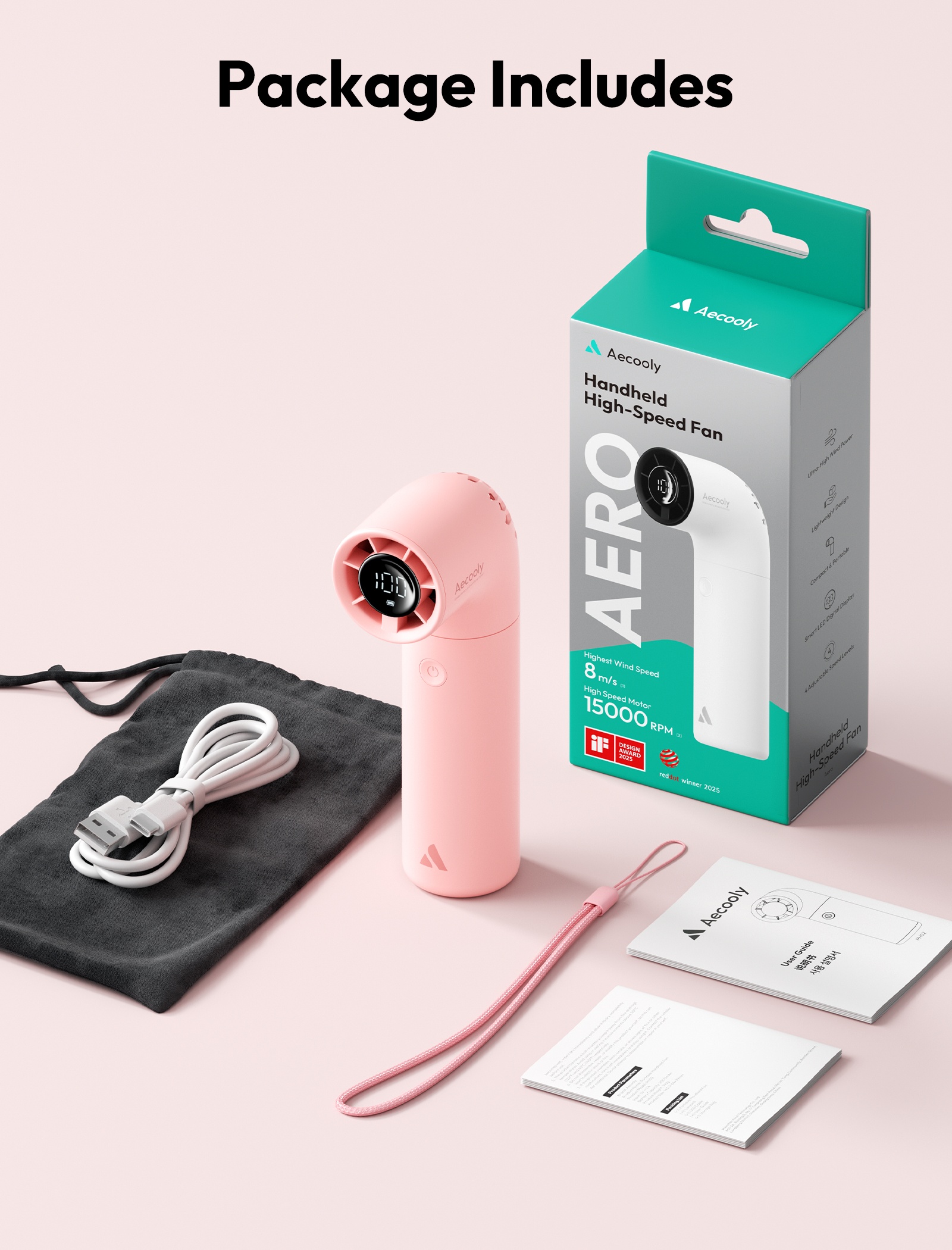 Aecooly Aero PH02-A – Výkonný ruční ventilátor 3500 mAh růžový