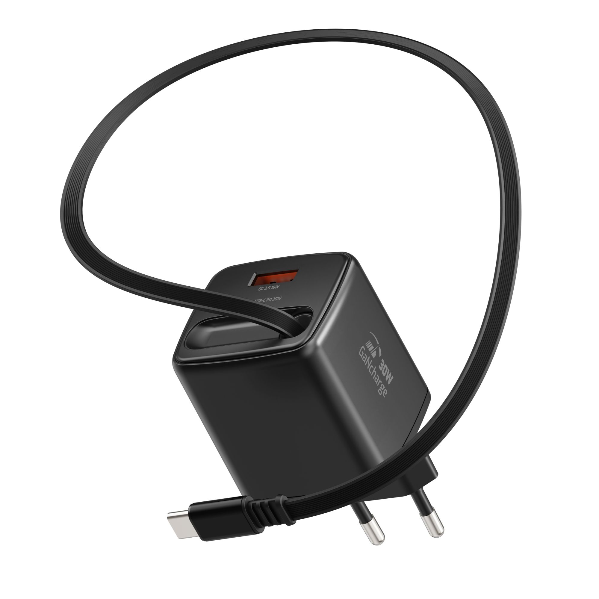SWISSTEN Síťová nabíječka SlideCharge GaN 30W + USB-A 18W se zatahovacím USB-C kabelem 0,75m černá