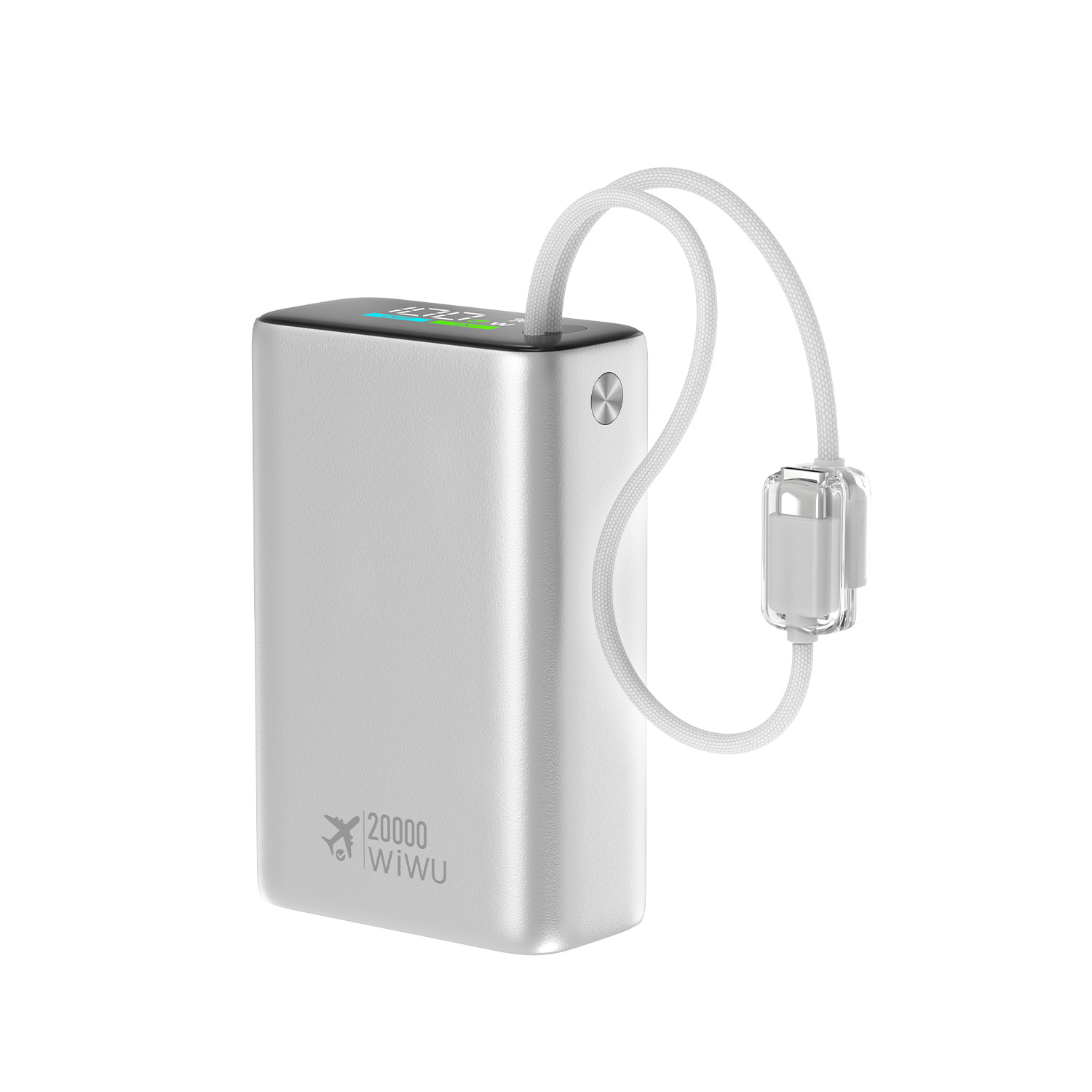 WiWU hliníková powerbanka s integrovanými kabely USB-C a Lightning Wi-P092 20000mAh stříbrná