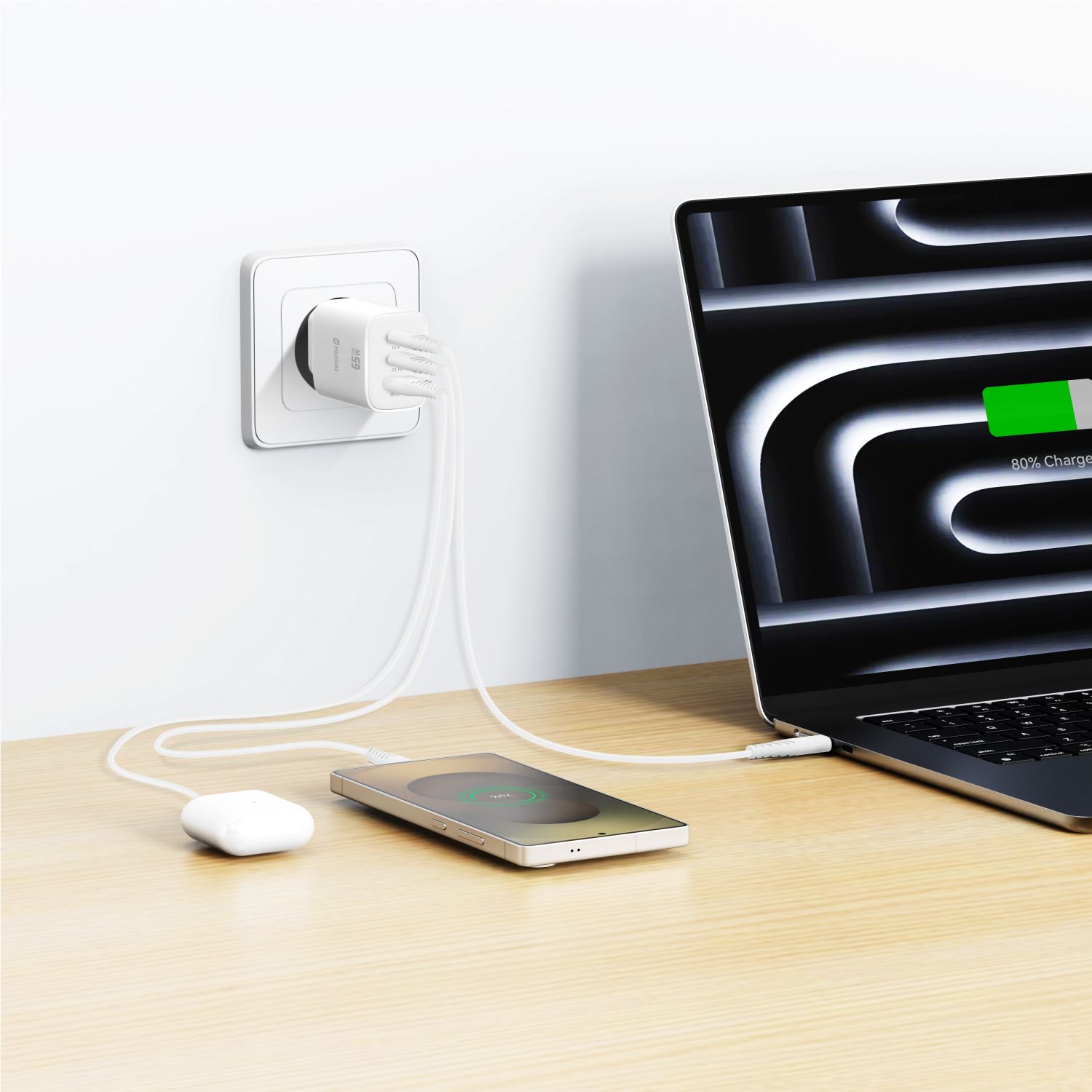 SWISSTEN GaN Síťová nabíječka 2x USB-C 65W PD + USB-A 18W bílá