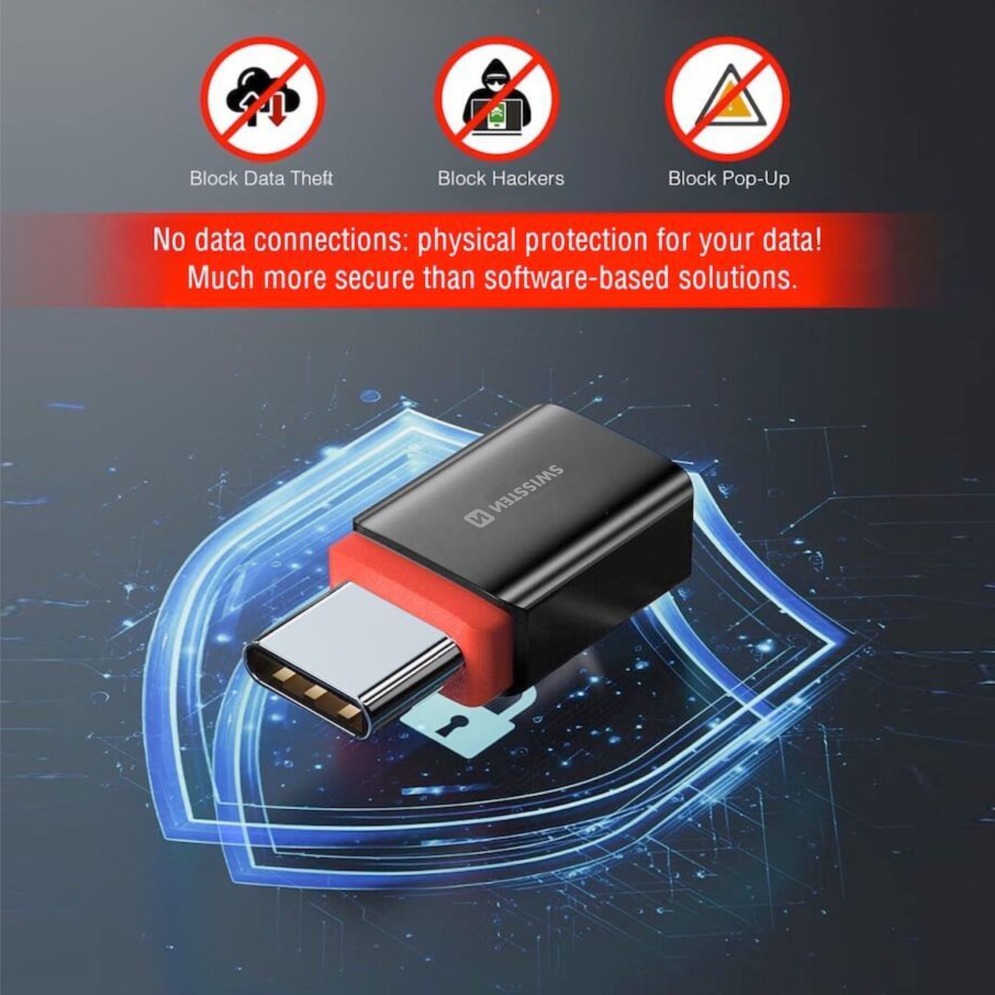SWISSTEN DataGuard nabíjecí adaptér s blokací dat USB-C (samec) / USB-C (samice) černý