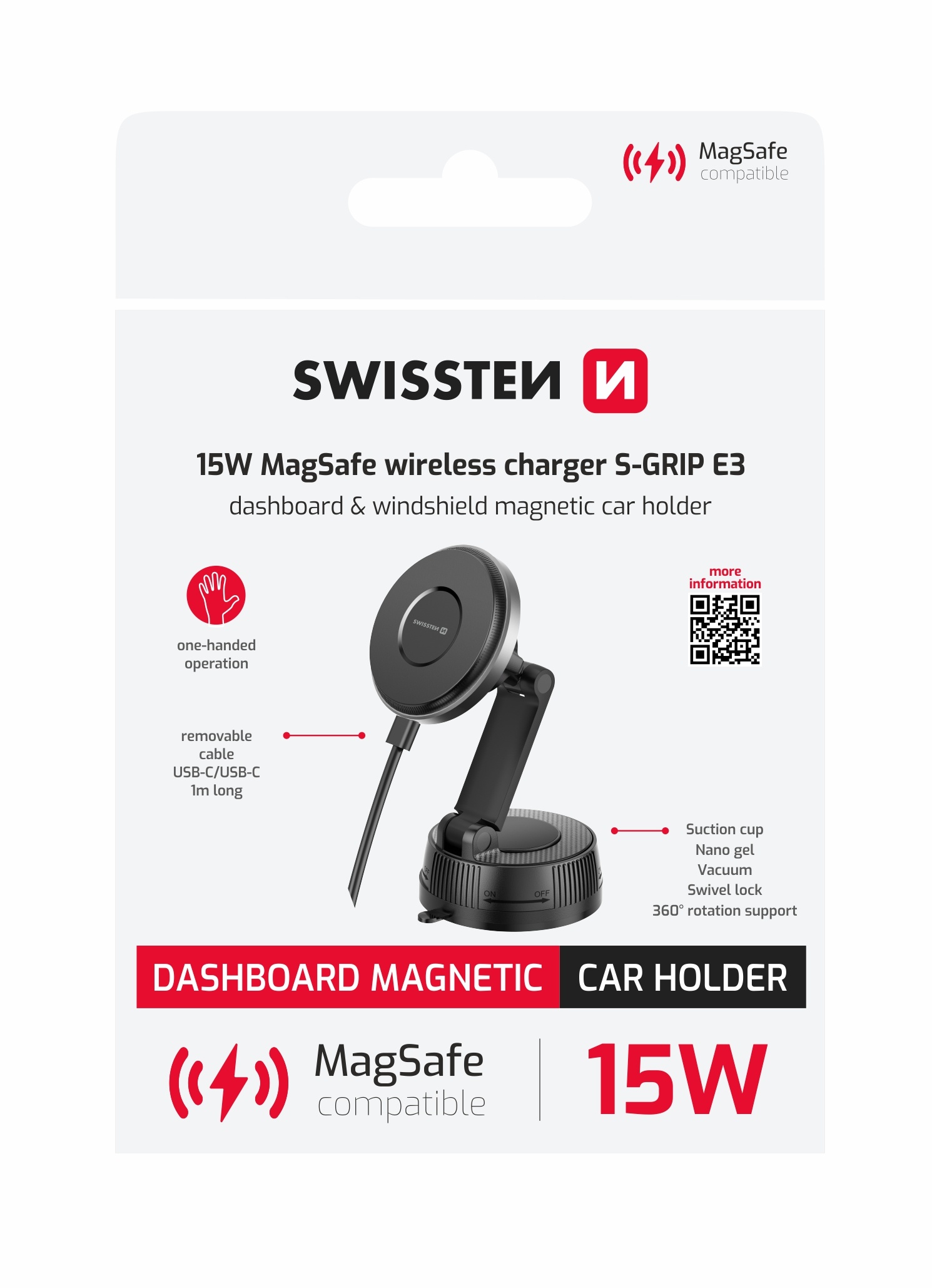 Swissten S-Grip E3 Magnetický držák do auta s bezdrátovým nabíjením 15W/7,5W (MagSafe)