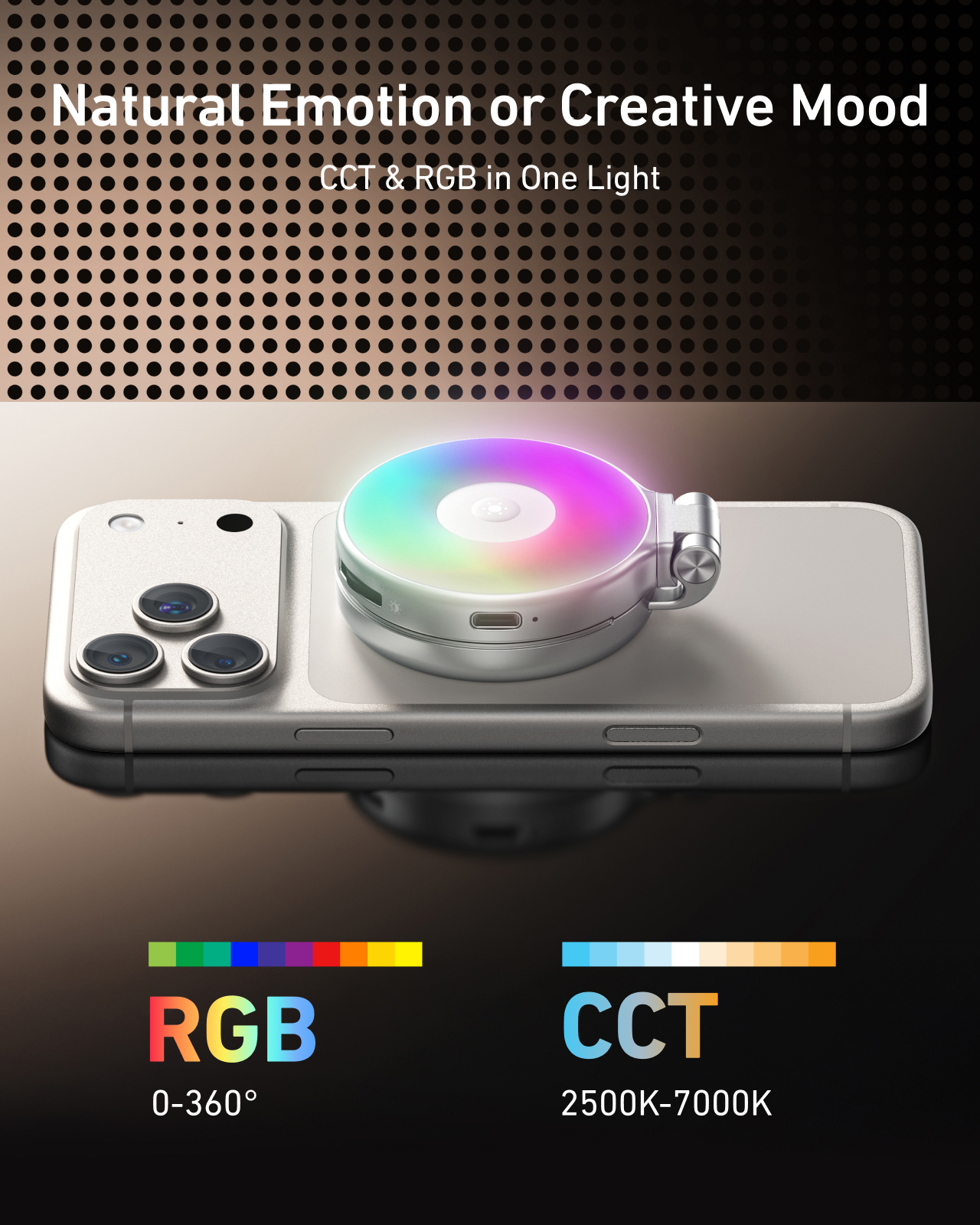 Telesin P5-BGD-18 - magnetická RGB LED lampa s MagSafe s teleskopickým držákem a zrcátkem stříbrná