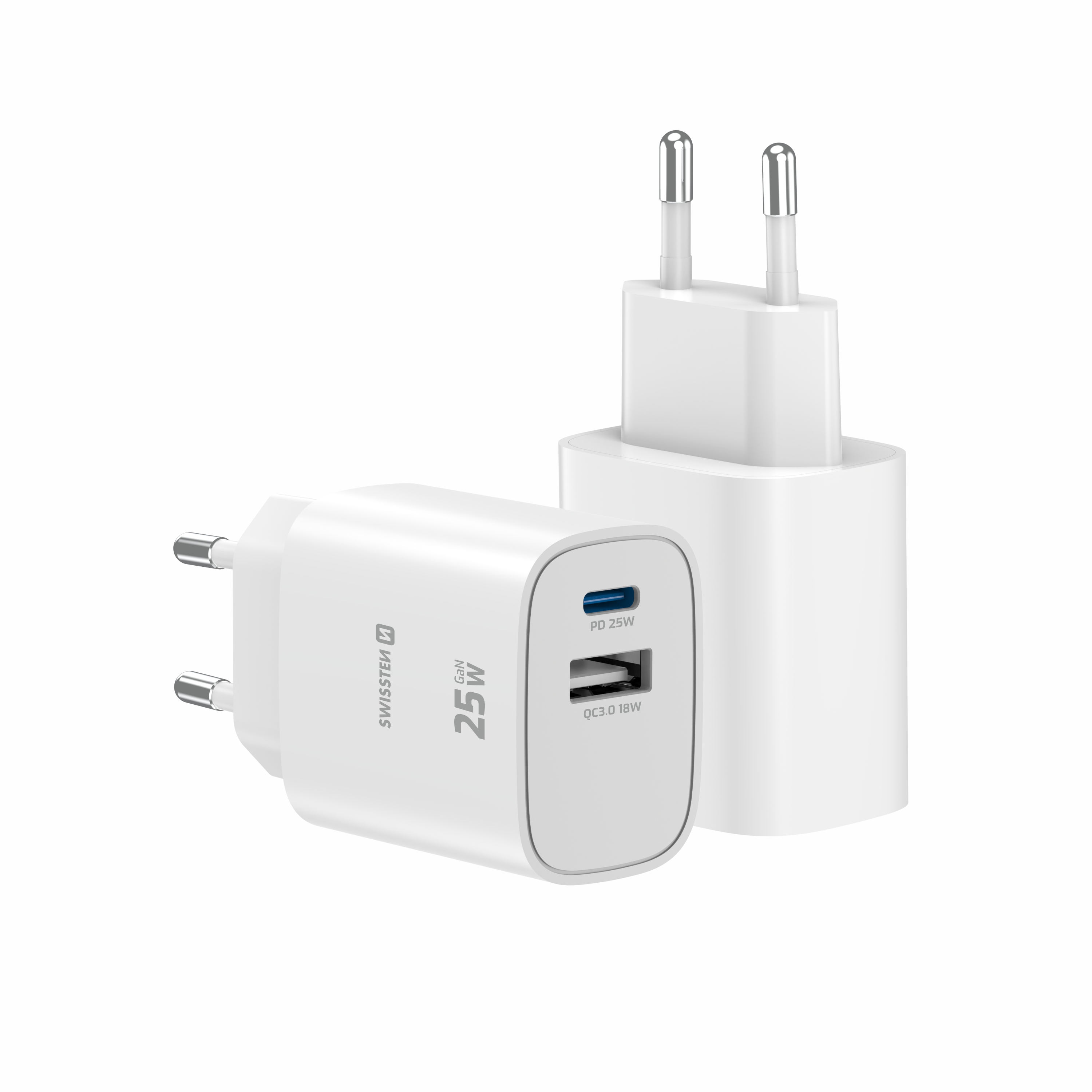 SWISSTEN GaN Síťová nabíječka USB-C 25W PD + USB-A 18W bílá