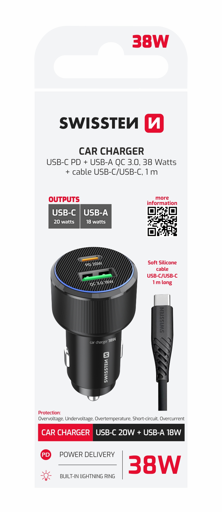 SWISSTEN Autonabíječka USB-C PD + USB-A 38W černá + kabel USB-C / USB-C 1m