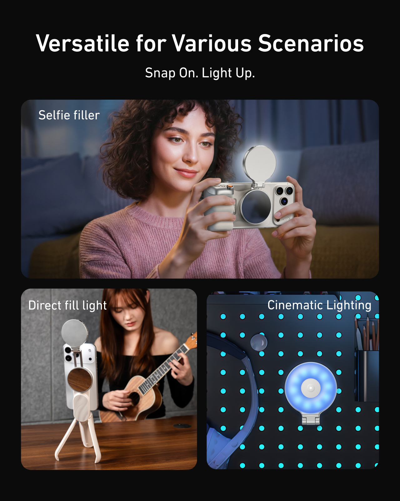Telesin P5-BGD-18 - magnetická RGB LED lampa s MagSafe s teleskopickým držákem a zrcátkem stříbrná