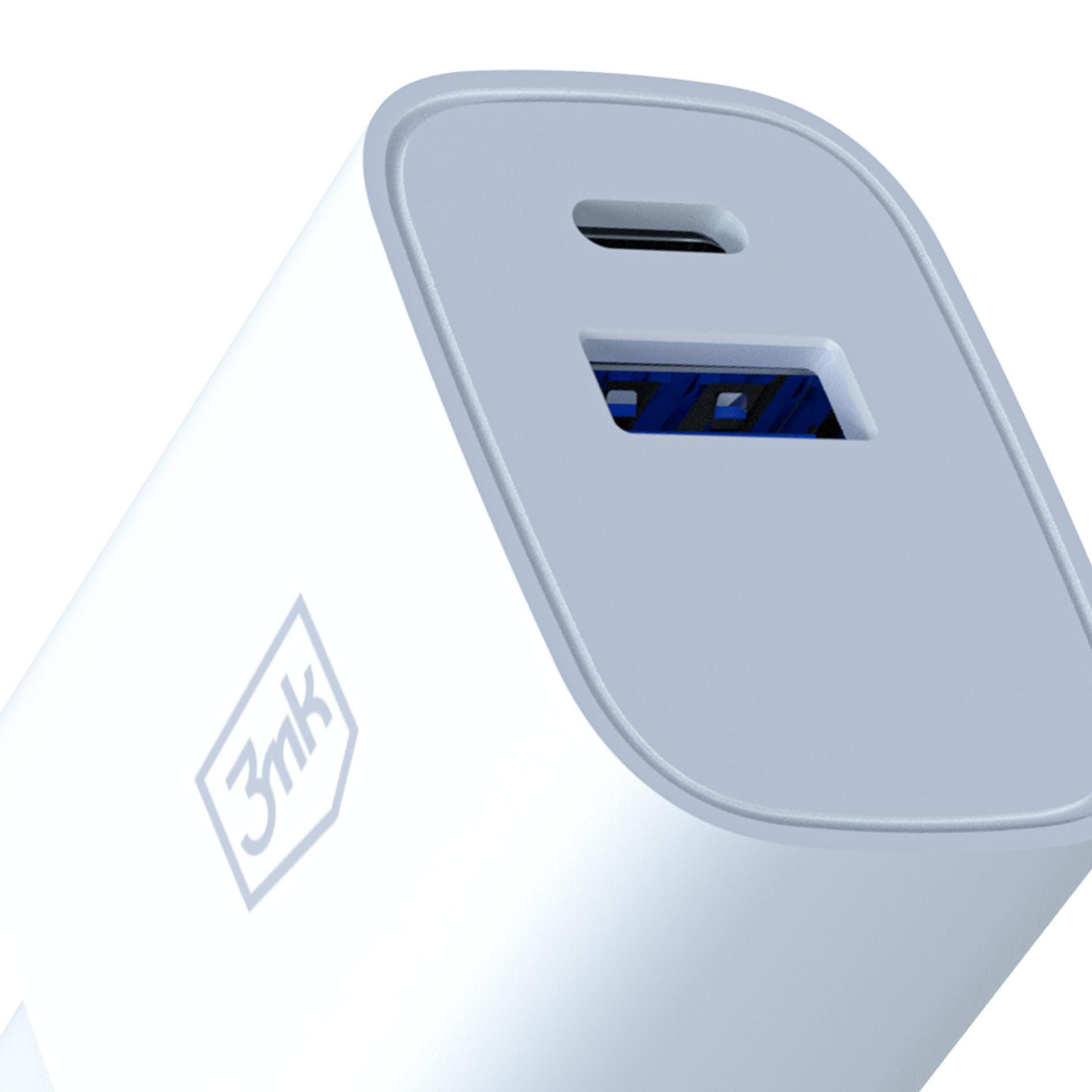 3mk FlowPower PD 30W – síťová nabíječka GaN 30 W USB-C PD 3.0 + USB-A QC 4.0 bílá