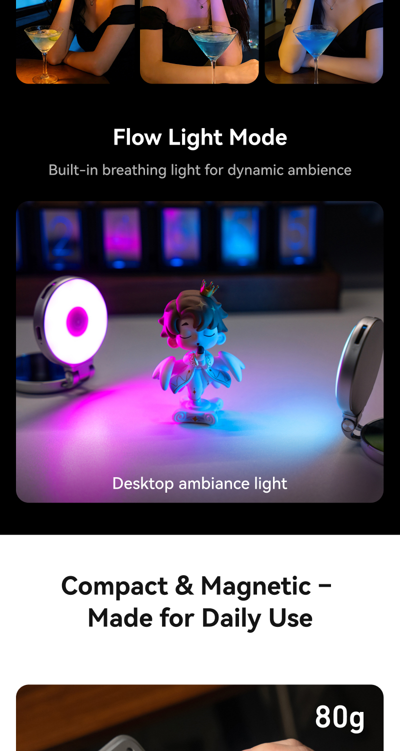 Telesin P5-BGD-18 - magnetická RGB LED lampa s MagSafe s teleskopickým držákem a zrcátkem stříbrná