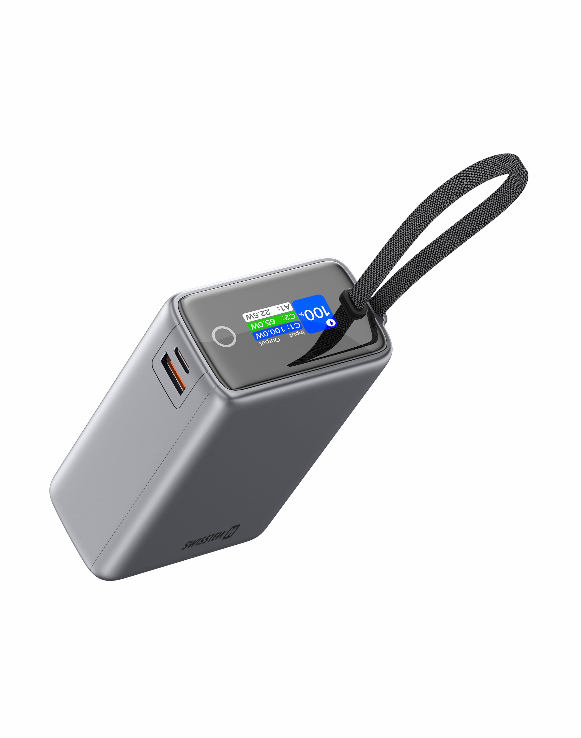 SWISSTEN Cestovní Power Bank 25000mAh 96,25Wh 100W s vestavěným USB-C kabelem šedý