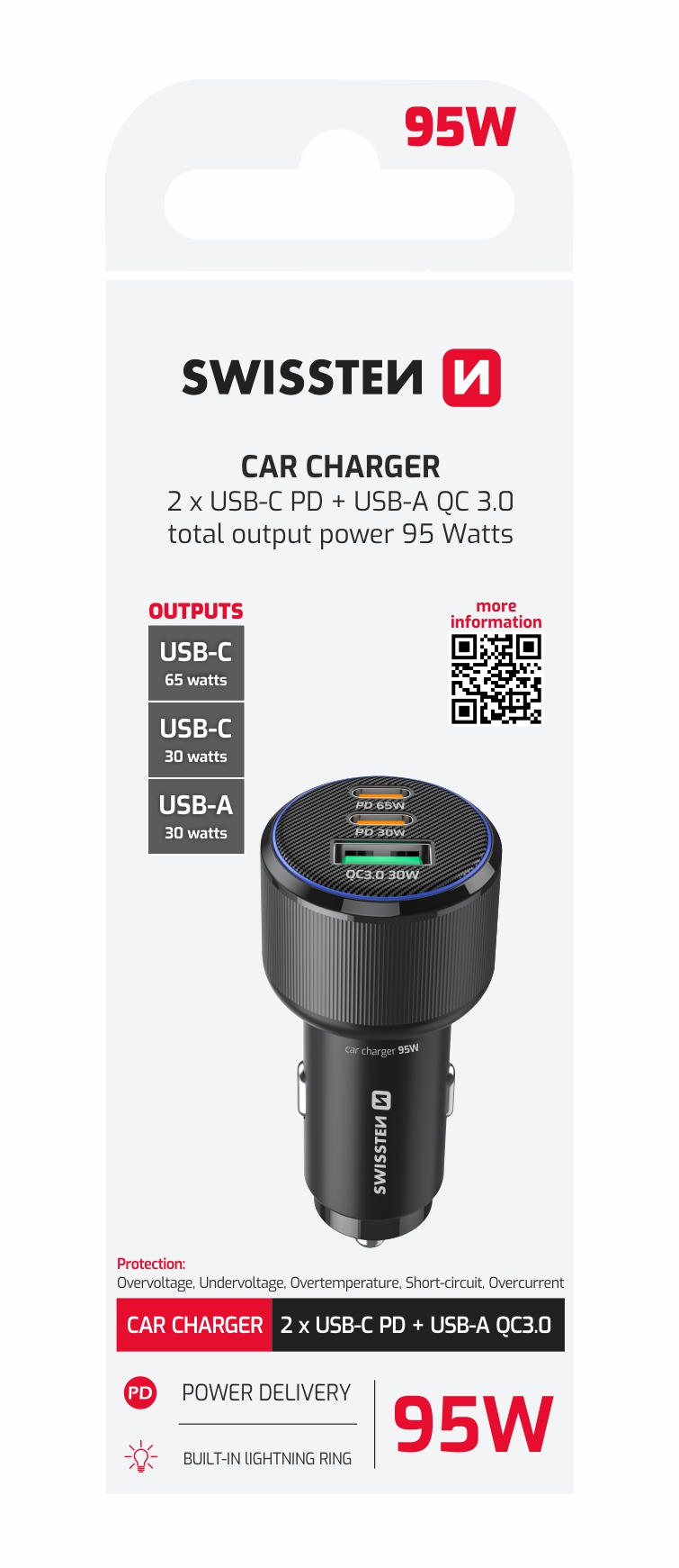 SWISSTEN Autonabíječka 2x USB-C PD + USB-A 95W černá