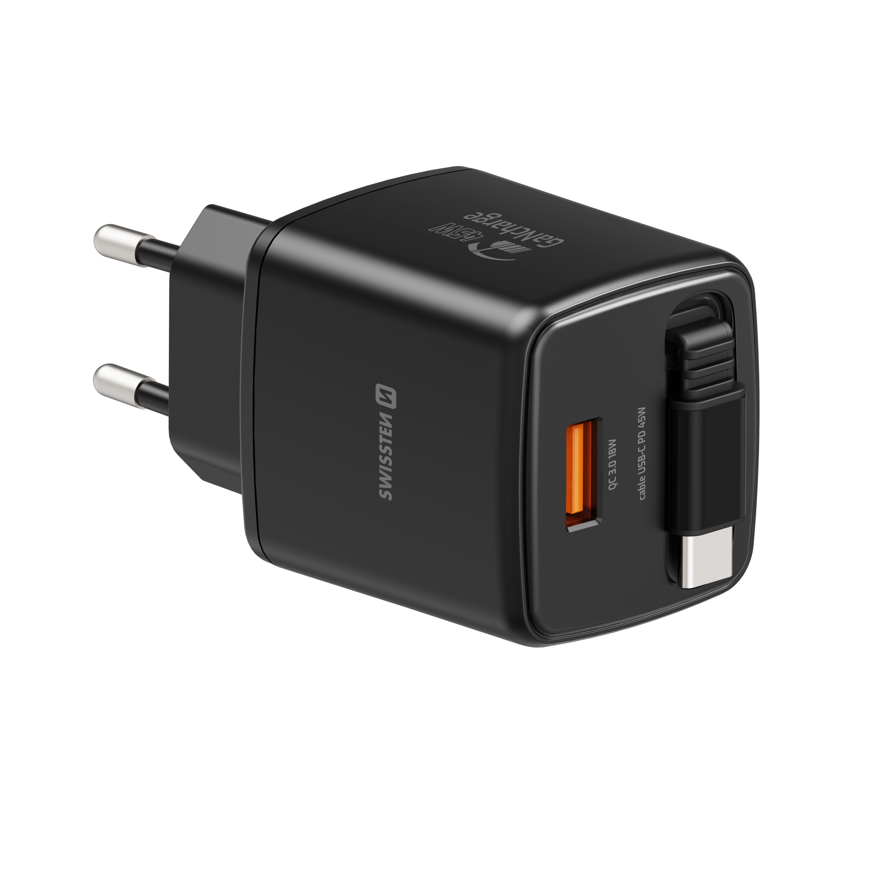 SWISSTEN Síťová nabíječka SlideCharge GaN 45W + USB-A 18W se zatahovacím USB-C kabelem 0,75m černá